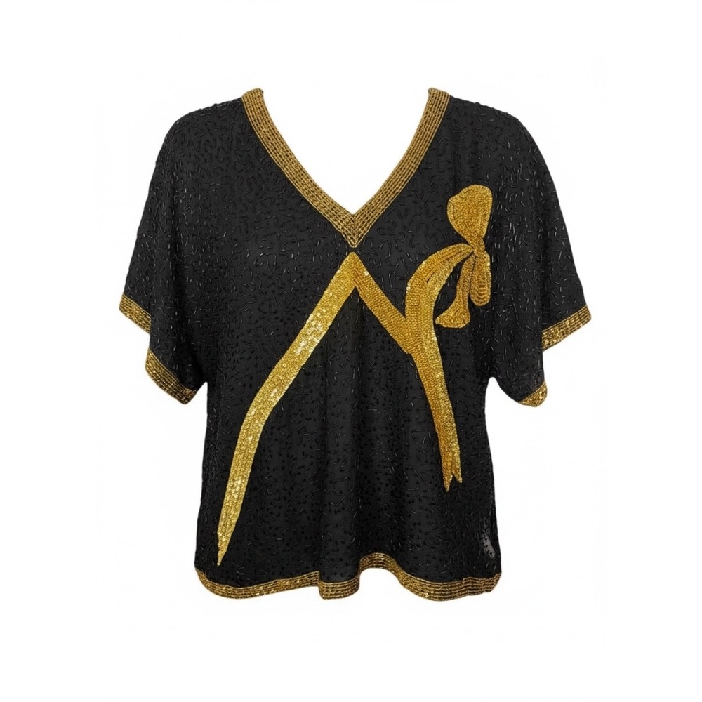 Vintage 80s 90s Laurence Kazar Silk Beaded Top Black Gold Sz L Art Deco Bow READ